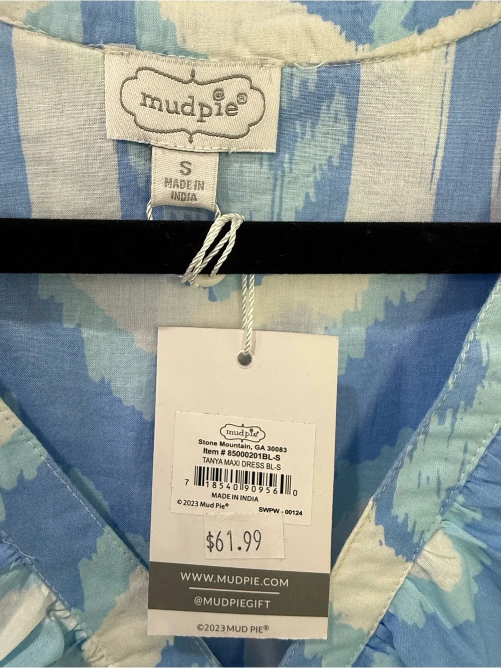 NWT Mud Pie Tanya Maxi Dress Small Blue White Floral Ikat Ruffle Tiered
